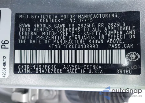 2015 Toyota Camry Le z USA, uszkodzony, nr VIN 4T1BF1FK0FU108993